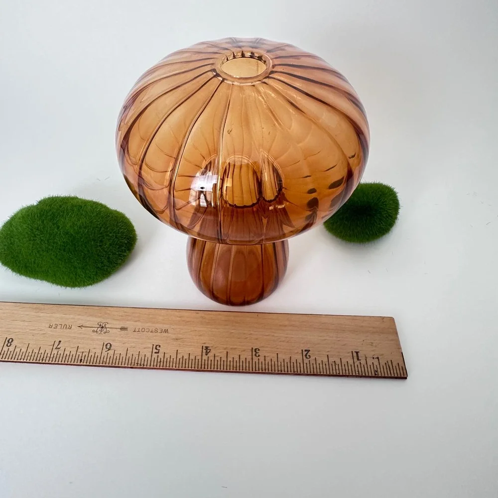 Vintage Amber Glass Mushroom Vase Ribbed Toadstool MCM Cottagecore Decor 5 inch